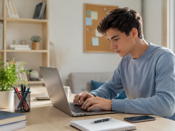 Young student working remotely from home using a laptop while studying and earning income online