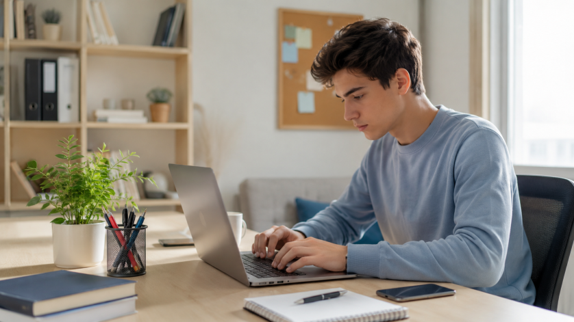 Young student working remotely from home using a laptop while studying and earning income online