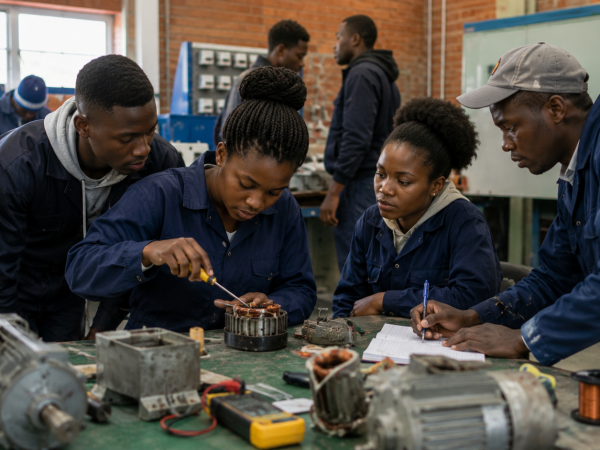 Young South African learners receiving vocational skills training through a SETA learnership programme.