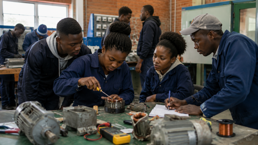 Young South African learners receiving vocational skills training through a SETA learnership programme.