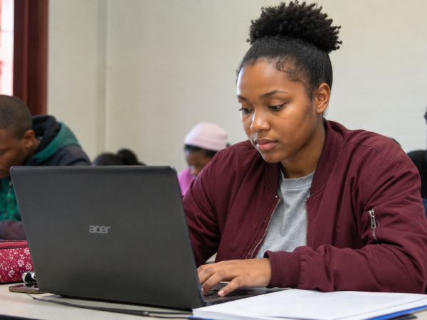 South African student using an Acer laptop to complete a TVET College online application in a classroom environment.