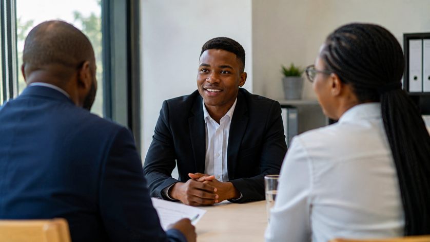 Young South African job seeker attending a professional job interview in an office