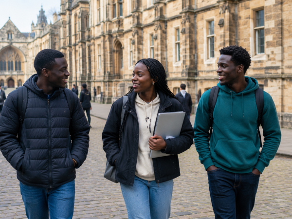 African students walking through a European university campus while exploring scholarship opportunities abroad
