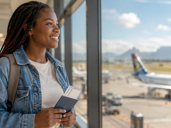 South African student preparing to study abroad at an international airport with passport and travel documents