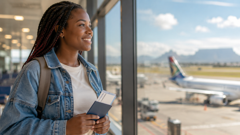 South African student preparing to study abroad at an international airport with passport and travel documents