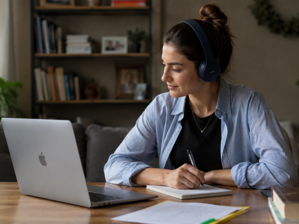 International student working remotely from home using a MacBook laptop while taking notes during an online internship.