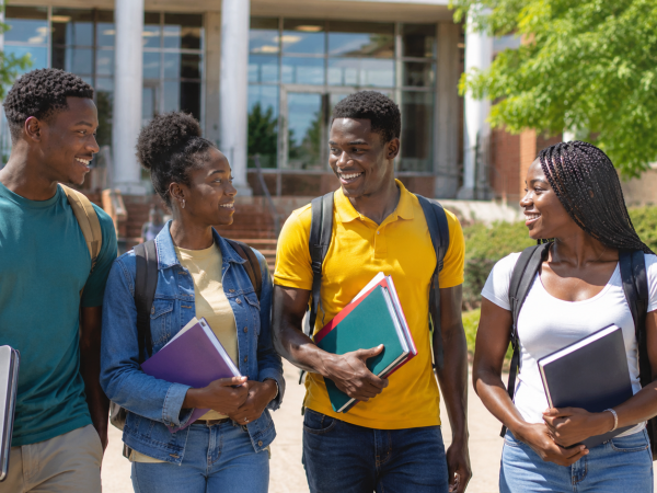 Group of African university students standing together on a modern campus while discussing scholarship opportunities for international studies