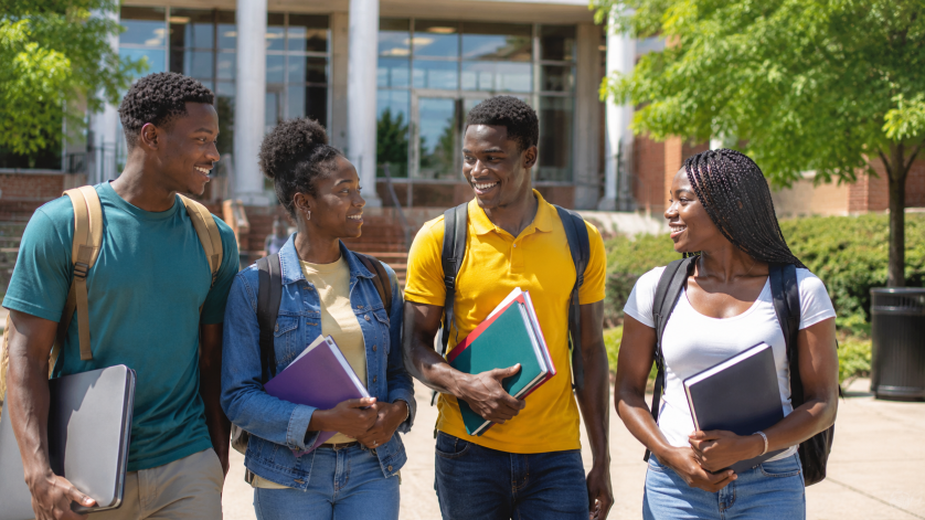Group of African university students standing together on a modern campus while discussing scholarship opportunities for international studies