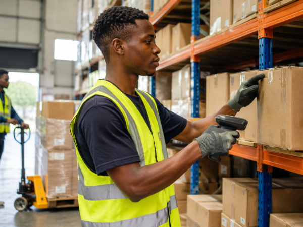 Young South African warehouse worker scanning boxes in a modern distribution warehouse
