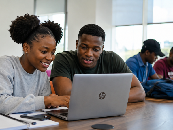 South African youth participating in a skills development and career training program using an HP laptop in a modern learning environment